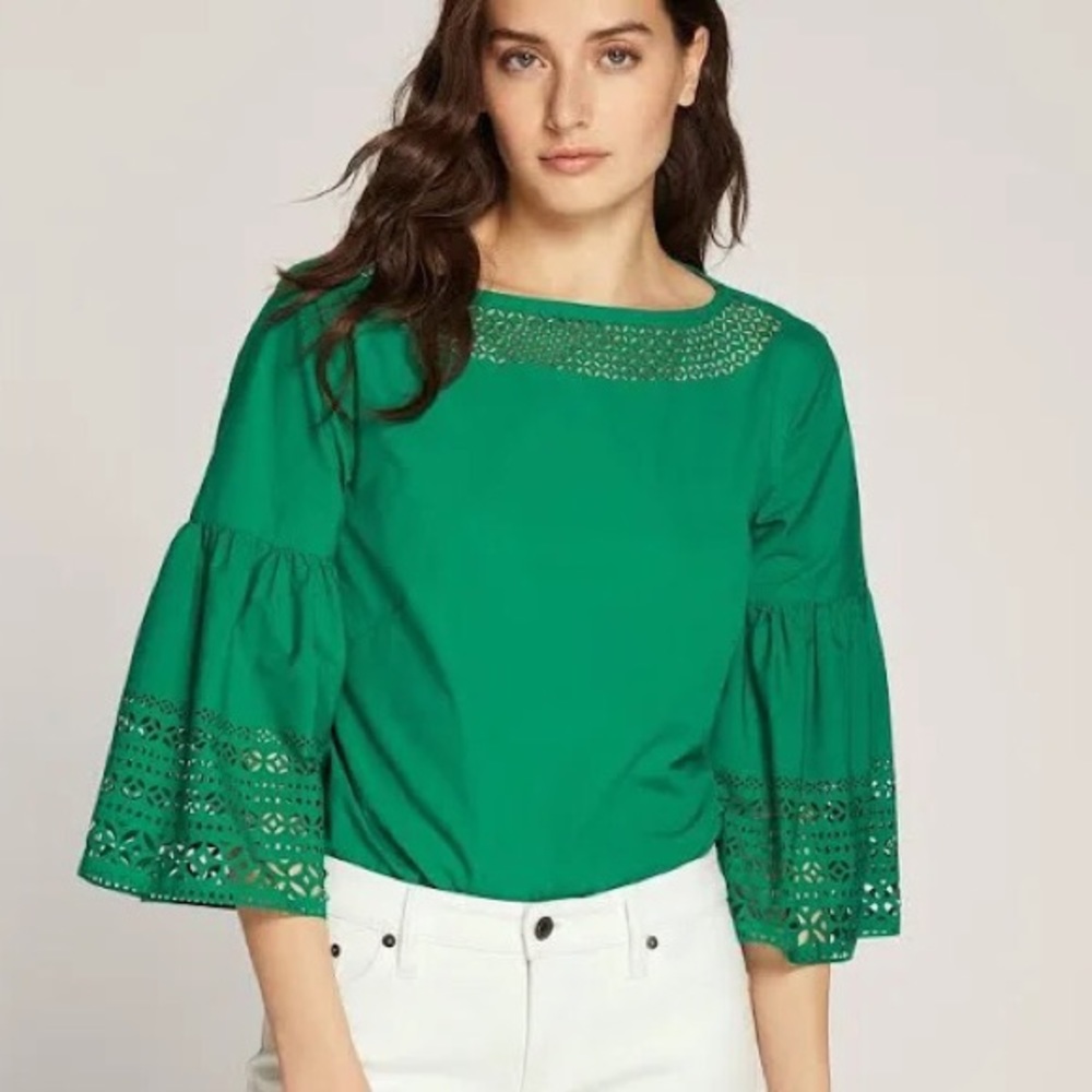 LAUREN Ralph Lauren bell sleeve green poplin top sz.L